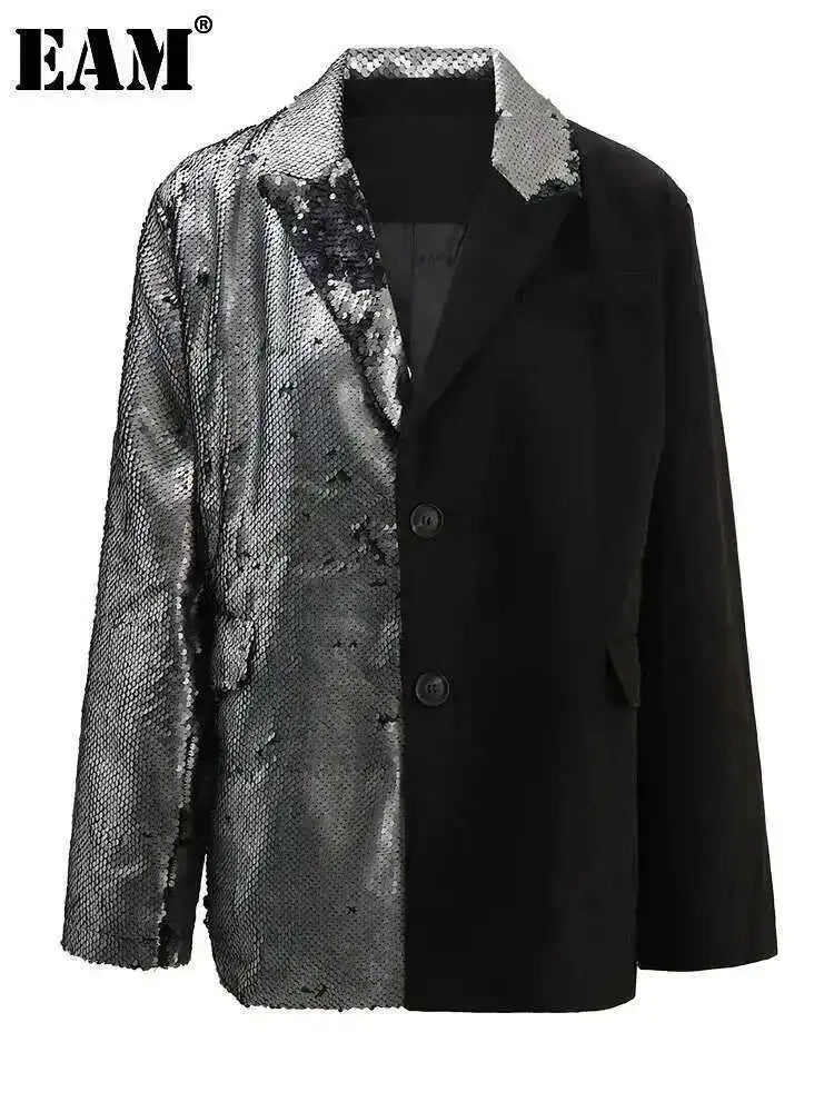 EAM Black Color-block Sequins Big Size Blazer Women New Lapel Long Sleeve Jacket Fashion Tide Spring Autumn 2025 CPG1490