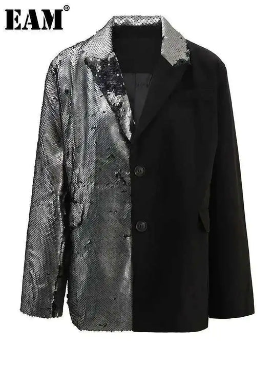 EAM Black Color-block Sequins Big Size Blazer Women New Lapel Long Sleeve Jacket Fashion Tide Spring Autumn 2025 CPG1490