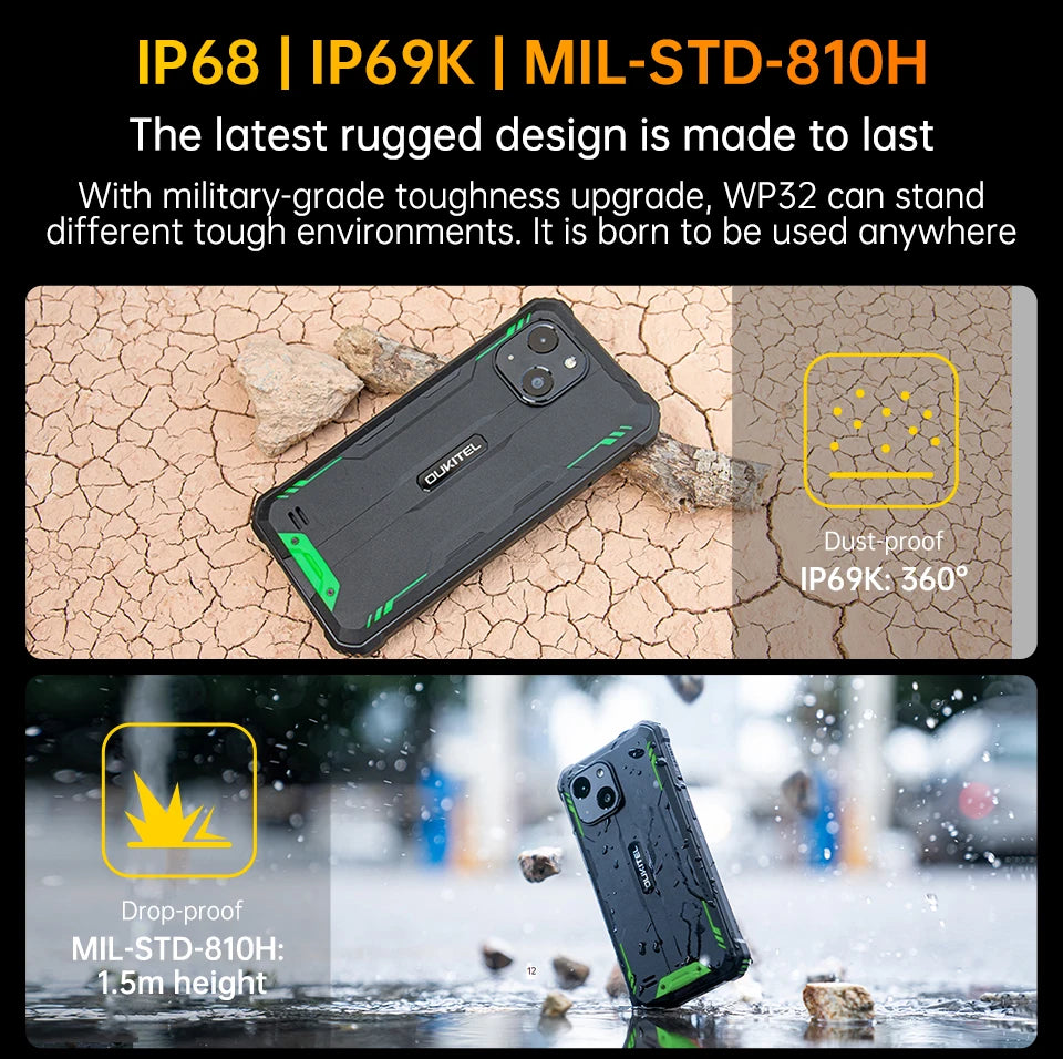 OUKITEL WP32 12GB(4+8) 128GB Mobile Phone IP68, Octa-Core, 6.0" HD+, Unbreakable Smartphone 6300mAh Android 13