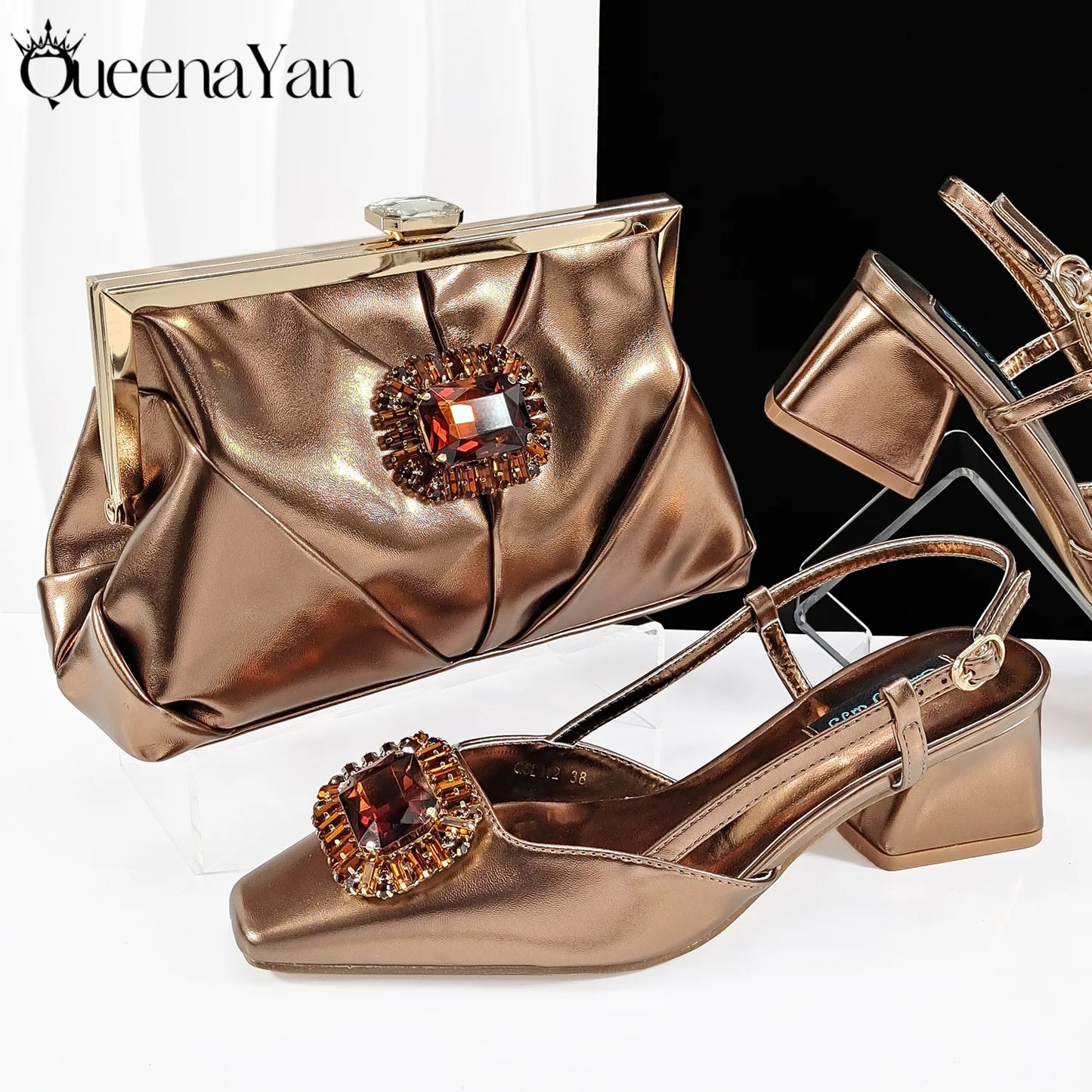 Queena Yan 2025 Nigerian Heel Party for Women Purple Color Shoes and Bag Set Rhinestone Handbag Italian Design Wedding