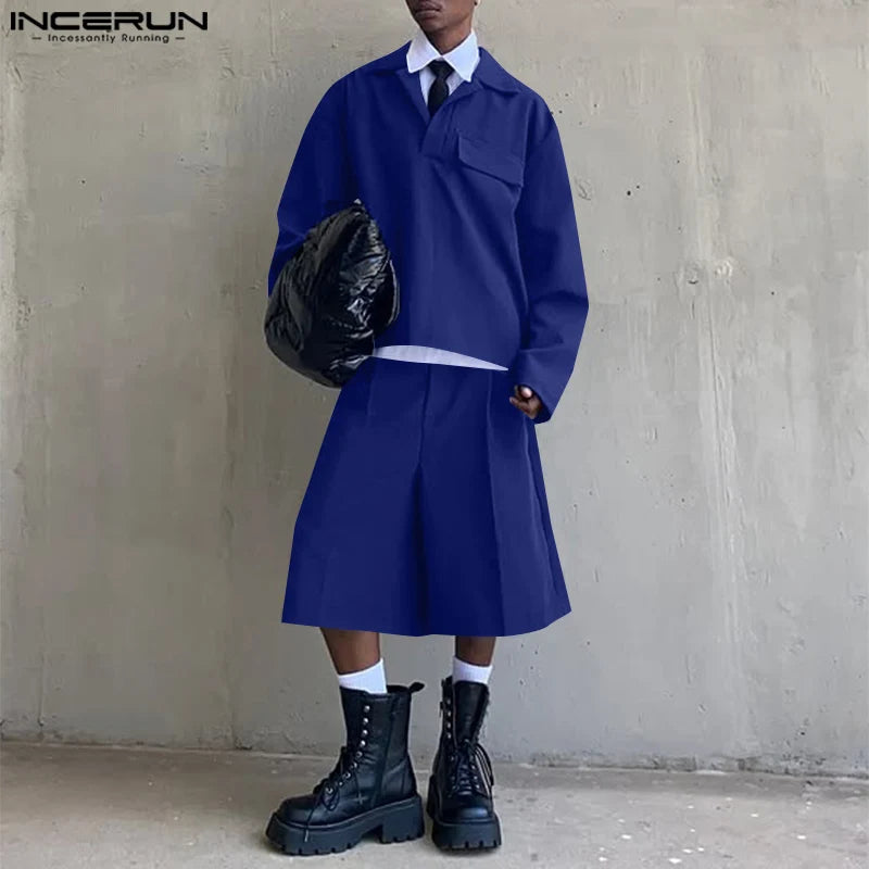 INCERUN 男士套裝純色時尚翻領兩件式西裝 2 件長袖上衣 T 卹短褲街頭潮流男裝