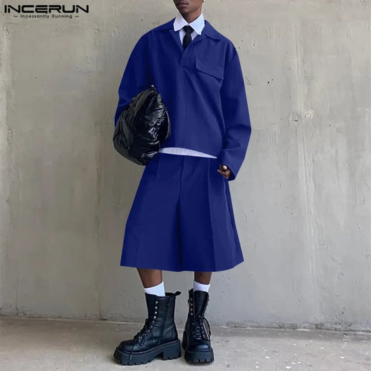 INCERUN 男士套裝純色時尚翻領兩件式西裝 2 件長袖上衣 T 卹短褲街頭潮流男裝