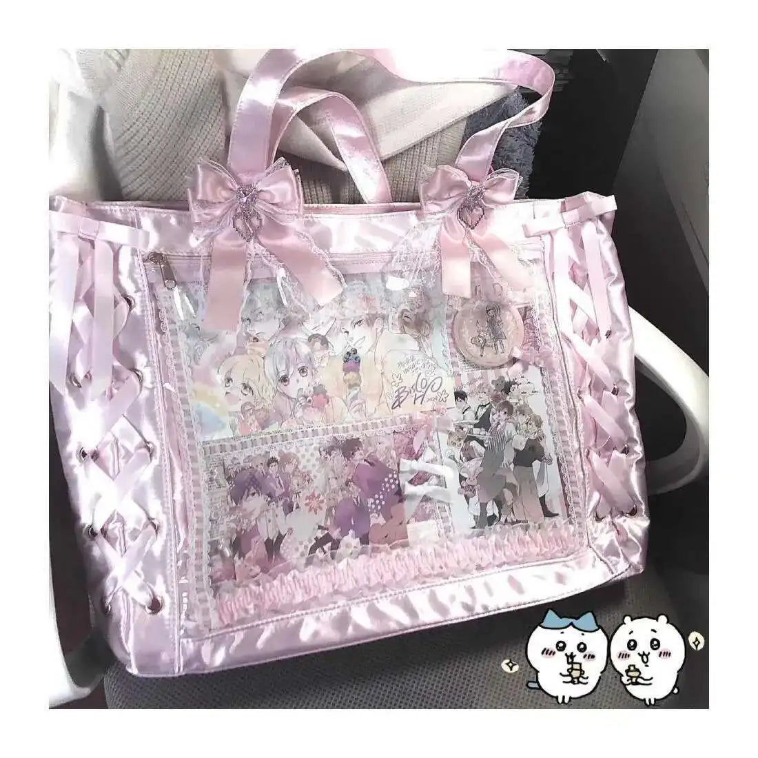Japanese Sweet Women Ribbon Ita Bag Cute Lolita Girl Transparent Handbags Fashion Large Capacity Tote Bag Aesthetic Shoulder Bag