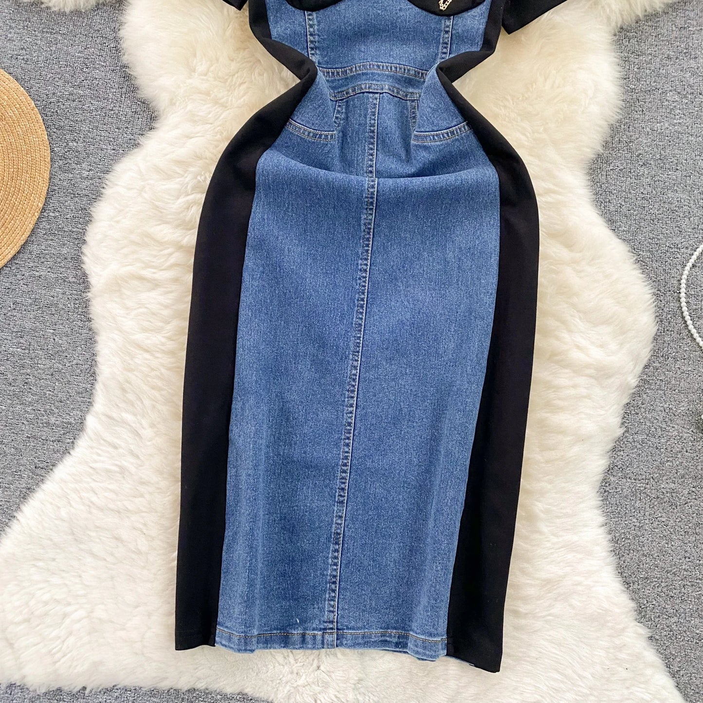 High Waist Bodycon Vestidos Mujer Women 2025 Dresses Contrast Fake Two Piece Dress Casual Fashion Vestido Temperament Robes