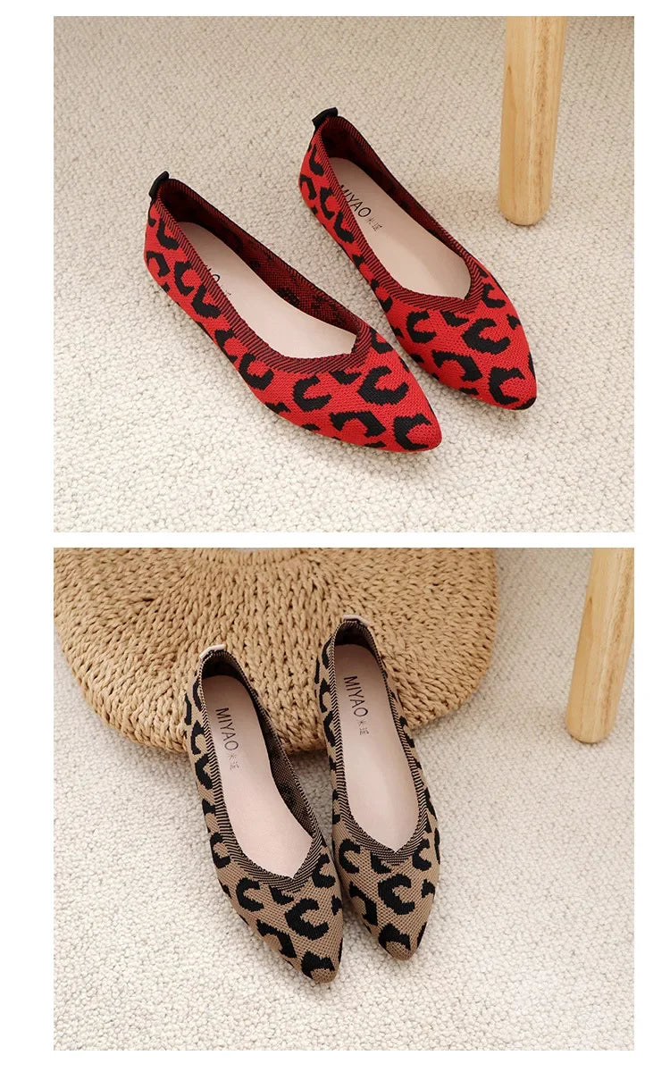 Loafers Flats Leopard Pointed Toe Casual Women Shoes New Knitted Shallow Comfortable Walking Zapatos Wear-resisting Sole
