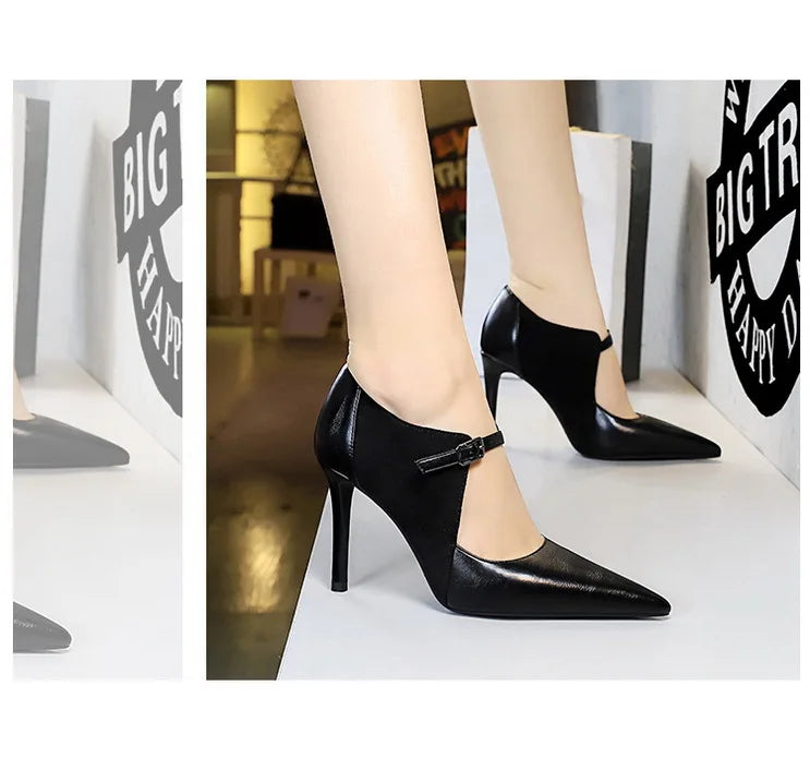 BIGTREE Spring Fashion Pointed Toe Thin Heels Woman Pumps Hollow Buckle Strap WEDDING Party Ladies Shoes