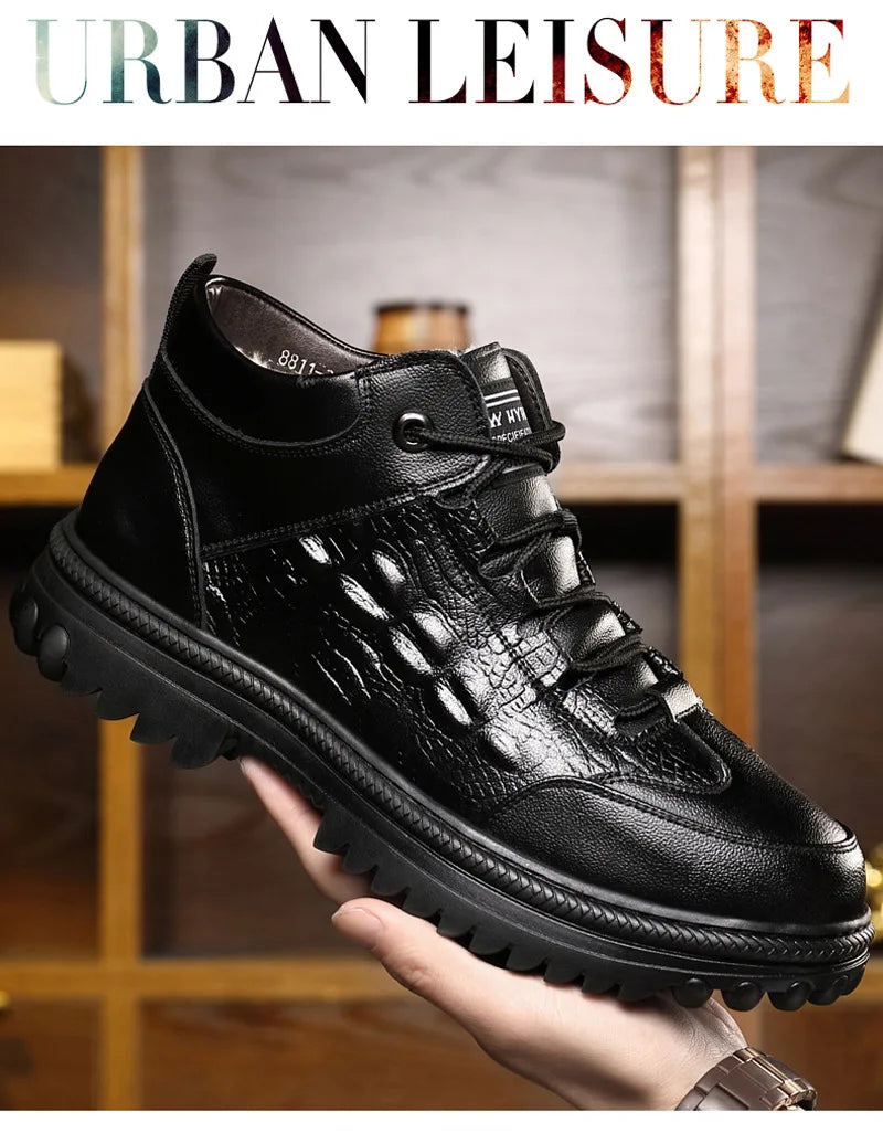 Men Genuine Leather Crocodile Print Sneakers Men's Casual Shoes Luxury British Fashion Leather Shoes Wool Inside Warm Snow Boots