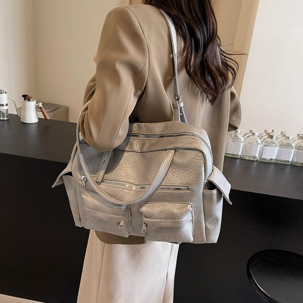 2024 Women PU Leather Shoulder Bag Multi-Pockets Underarm Bag Solid Versatile Commuting Handbag Adjustable Strap Armpit Tote Bag