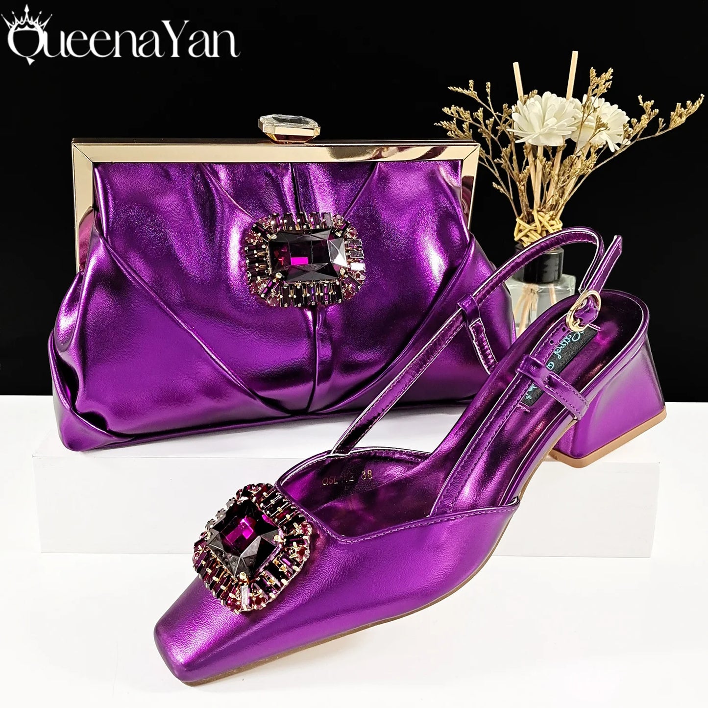 Queena Yan 2025 Nigerian Heel Party for Women Purple Color Shoes and Bag Set Rhinestone Handbag Italian Design Wedding