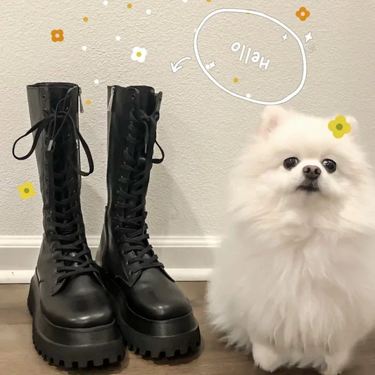 Chunky Women Motorcycle High Boots Fashion Lace Up Long Boots Platform Flats Autumn Winter Ladies Shoes