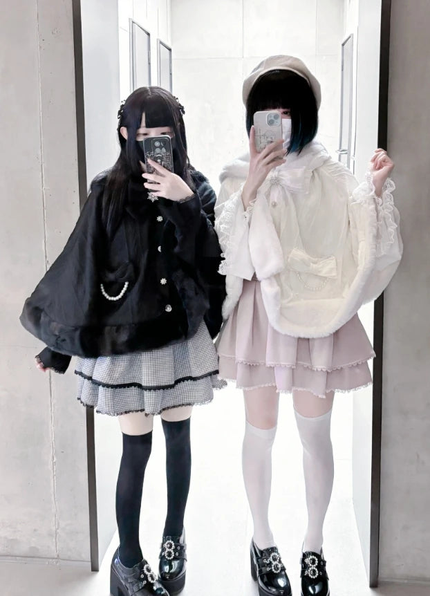 Japanese Style New Winter Mass Production Mine Series Velvet Rabbit Ear Cape Sweet Bow Knitted Furry Cloak Warm Jacket Coat