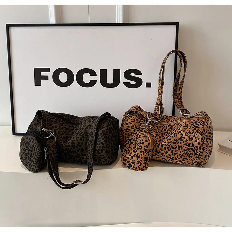 Korean Version Niche Leopard Print Canvas Armpit Bag for Women New Trendy Fashion Shoulder Bag Commuting Versatile Pillow Bag