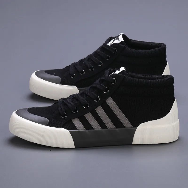 Spring Classic Stripes Black Canvas Sneakers Men Comfort High Top Skate Shoes Men Espadrilles Non-Slip Flat Vulcanized Shoes Men