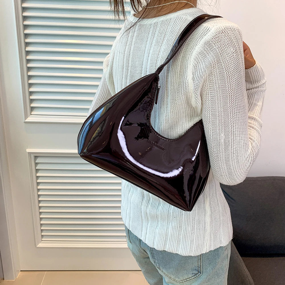 Women Patent Leather Tote Bag Versatile Fashion Shoulder Bag Casual Satchel Hobo Bag Underarm Bag Girl Zipper Small Handbags