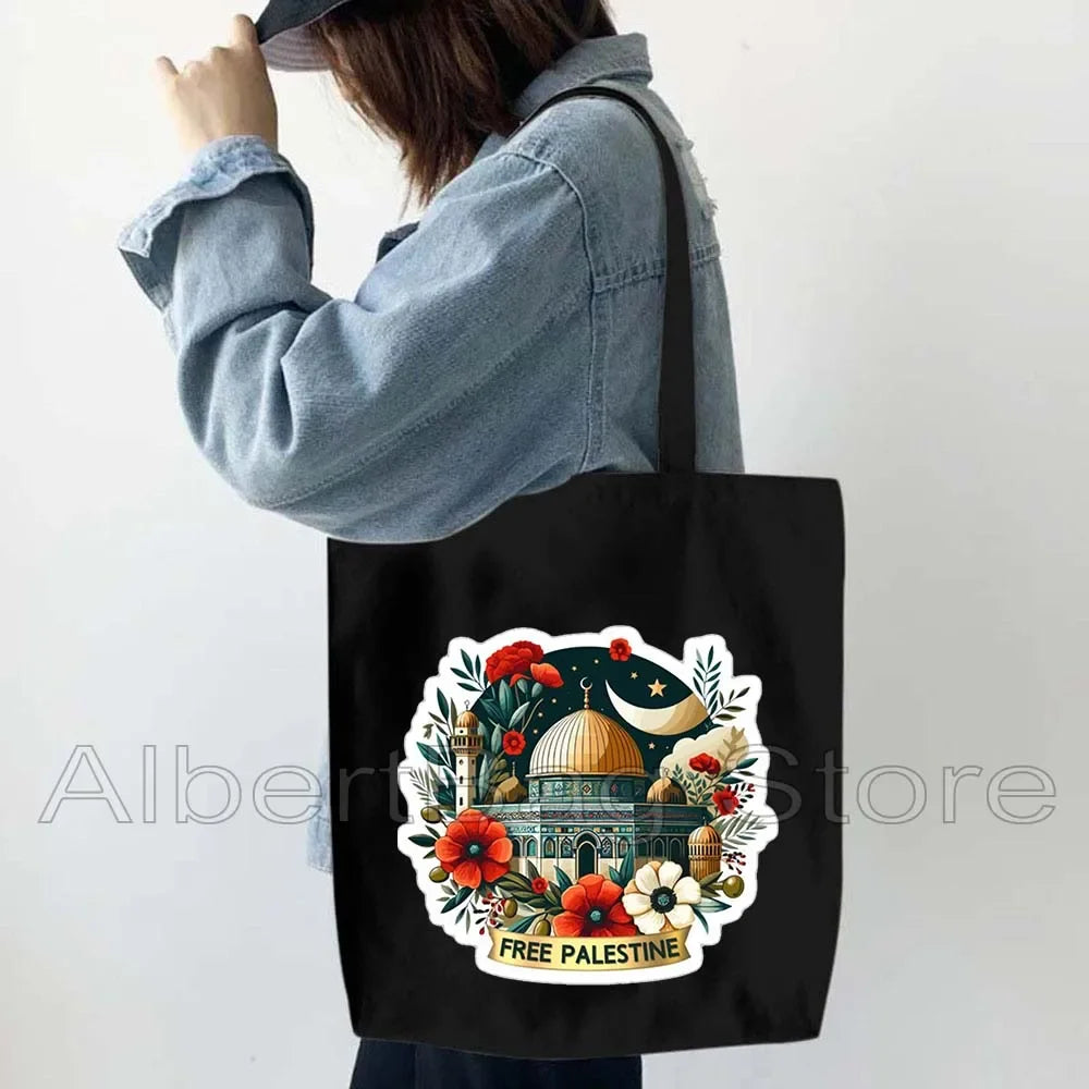 Peace Gifts Al Aqsa Keffiyeh Canvas Tote Bags Olive Tree Jerusalem Dome of The Rock Shopping Fashion Shoulder Organizer Handbag