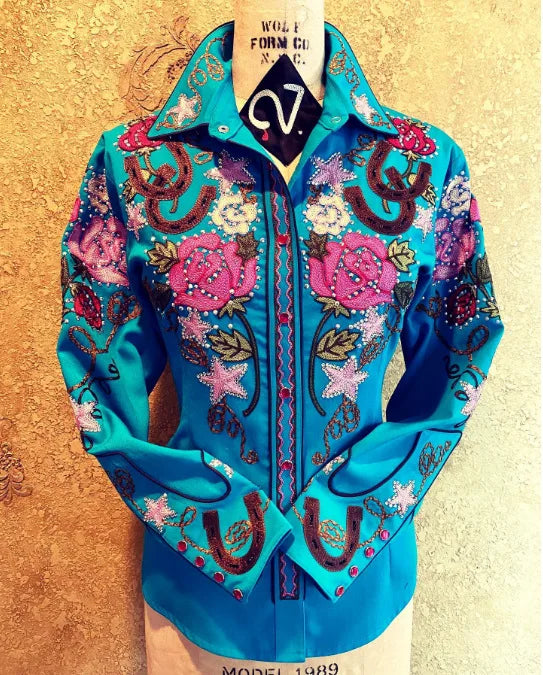 Women Vintage Print Long Sleeve Button Down Slim Shirt 2024 Spring Lady Retro Blouse Tops