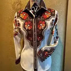 Women Vintage Print Long Sleeve Button Down Slim Shirt 2024 Spring Lady Retro Blouse Tops