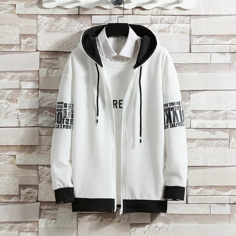 休閒男士運動套裝寬鬆連帽開襟運動衫褲子套裝春季秋季時尚服裝