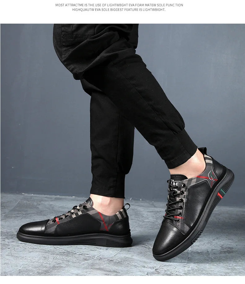 Genuine Leather Casual Shoes Men Sneakers Outdoor Walking Shoe Loafers Man Comfortable Breathable Male Light Footwear Plaid Shoe