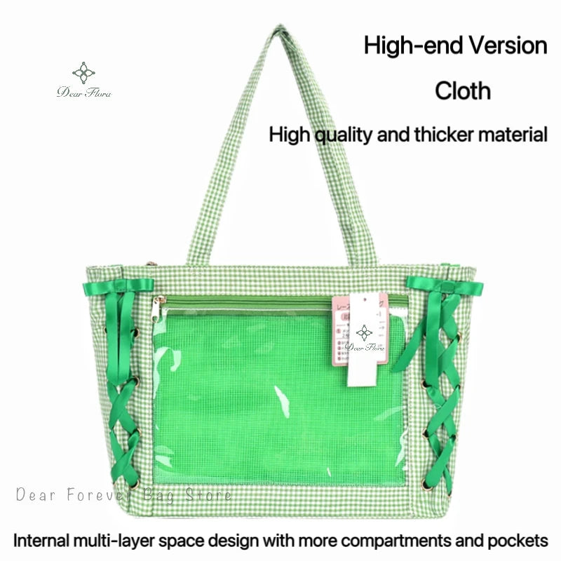 Japanese Sweet Women Ribbon Ita Bag Cute Lolita Girl Transparent Handbags Fashion Large Capacity Tote Bag Aesthetic Shoulder Bag