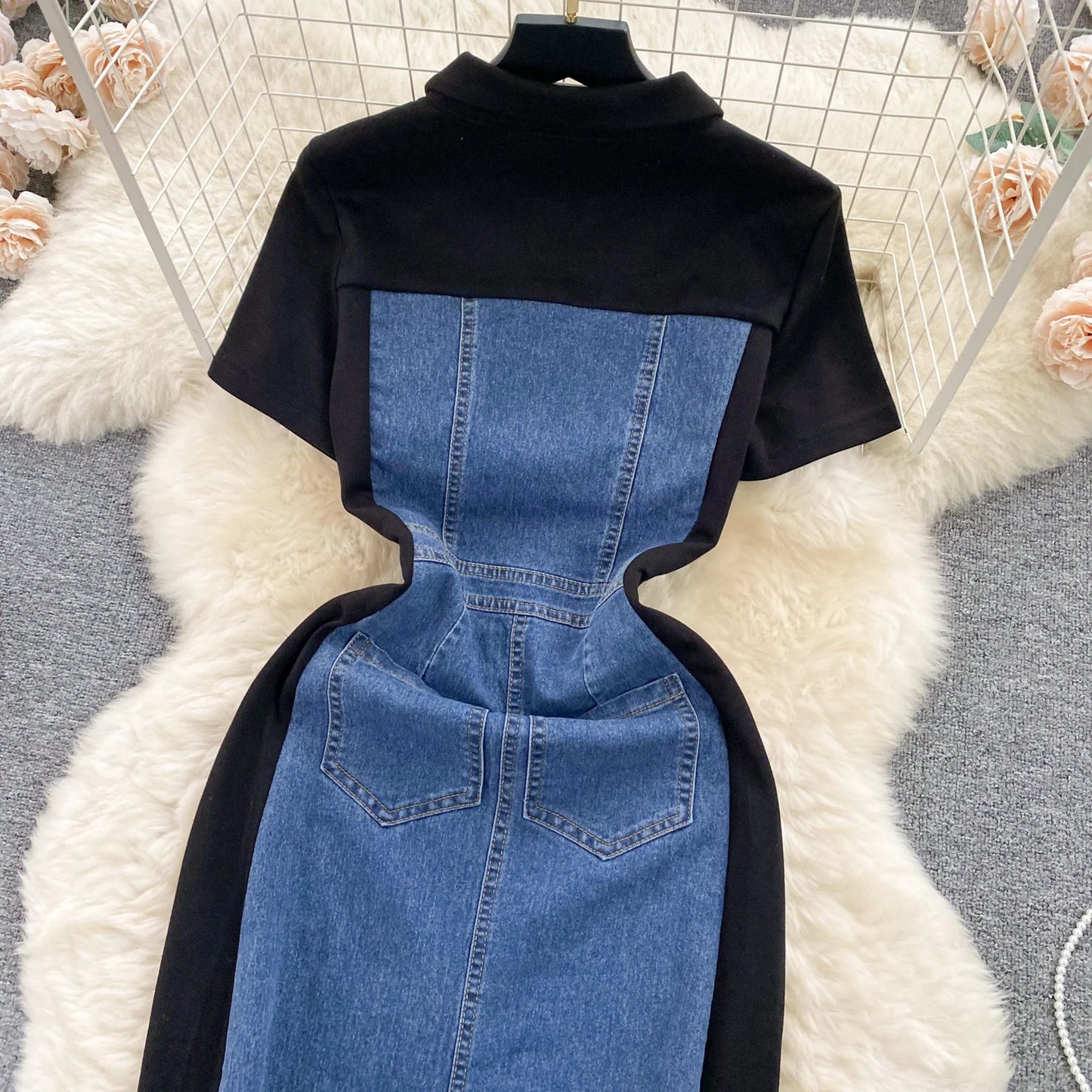 High Waist Bodycon Vestidos Mujer Women 2025 Dresses Contrast Fake Two Piece Dress Casual Fashion Vestido Temperament Robes