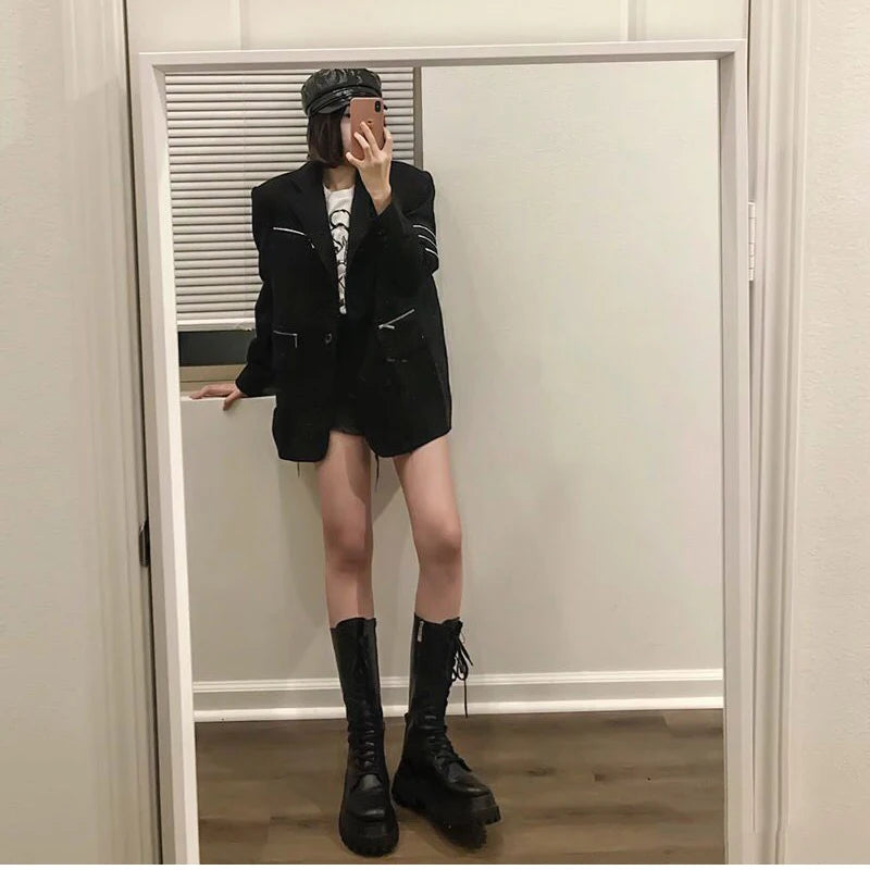 Chunky Women Motorcycle High Boots Fashion Lace Up Long Boots Platform Flats Autumn Winter Ladies Shoes