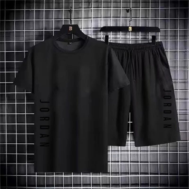 2025夏季時尚男士休閒運動套裝T卹短褲套裝休閒短袖套裝跑步健身服品牌服裝