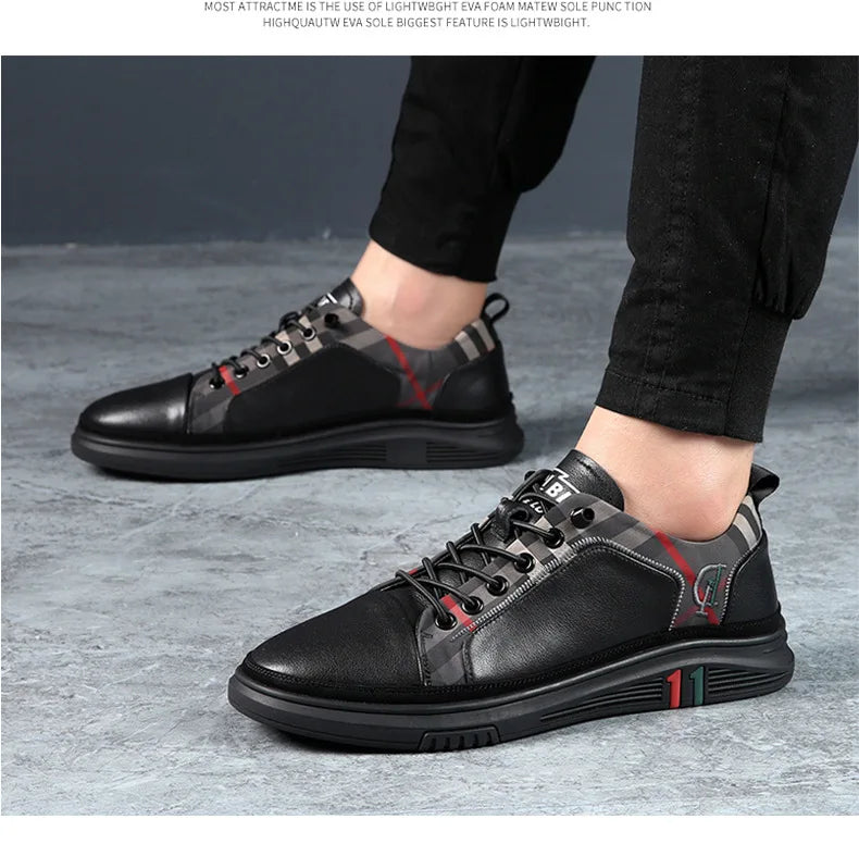 Genuine Leather Casual Shoes Men Sneakers Outdoor Walking Shoe Loafers Man Comfortable Breathable Male Light Footwear Plaid Shoe