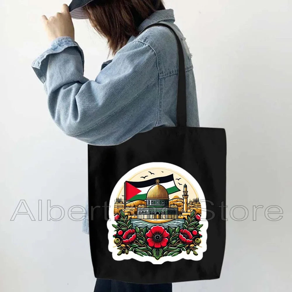 Peace Gifts Al Aqsa Keffiyeh Canvas Tote Bags Olive Tree Jerusalem Dome of The Rock Shopping Fashion Shoulder Organizer Handbag