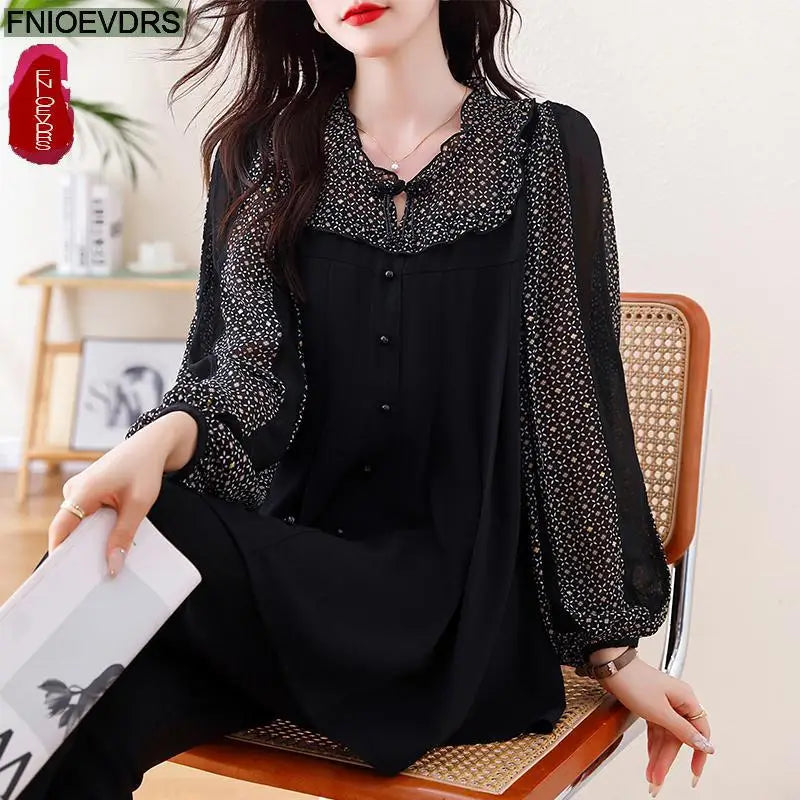 Loose Clothes Women 2024 Autumn Elegant Office Lady Casual Button Shirts Fake Two Piece Retro Vintage Bling Tops Blouses