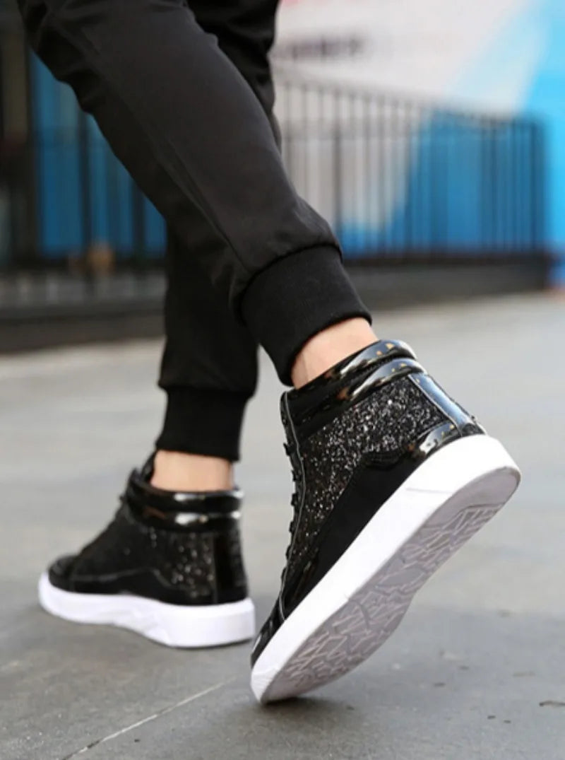 Men's Boots Nightclubs Fashiona Sequins With Diamonds Gold Leather Boots Trendy High Top Sports Casual Shoes Large Size 38-48