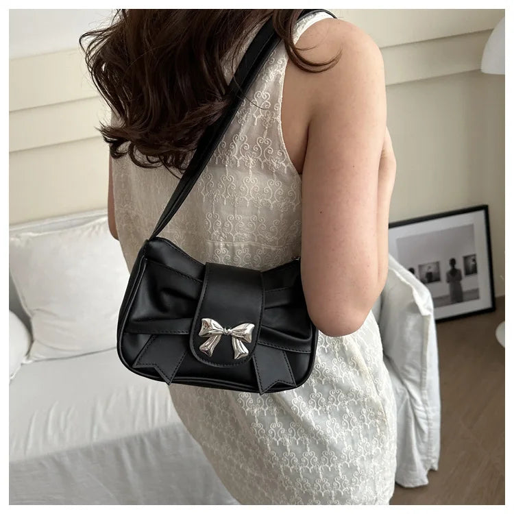 Sweet Bow Small Underarm Bag for Women Fashion PU Leather Ladies Portable Shoulder Bags Solid Color Female Clutch Handbags