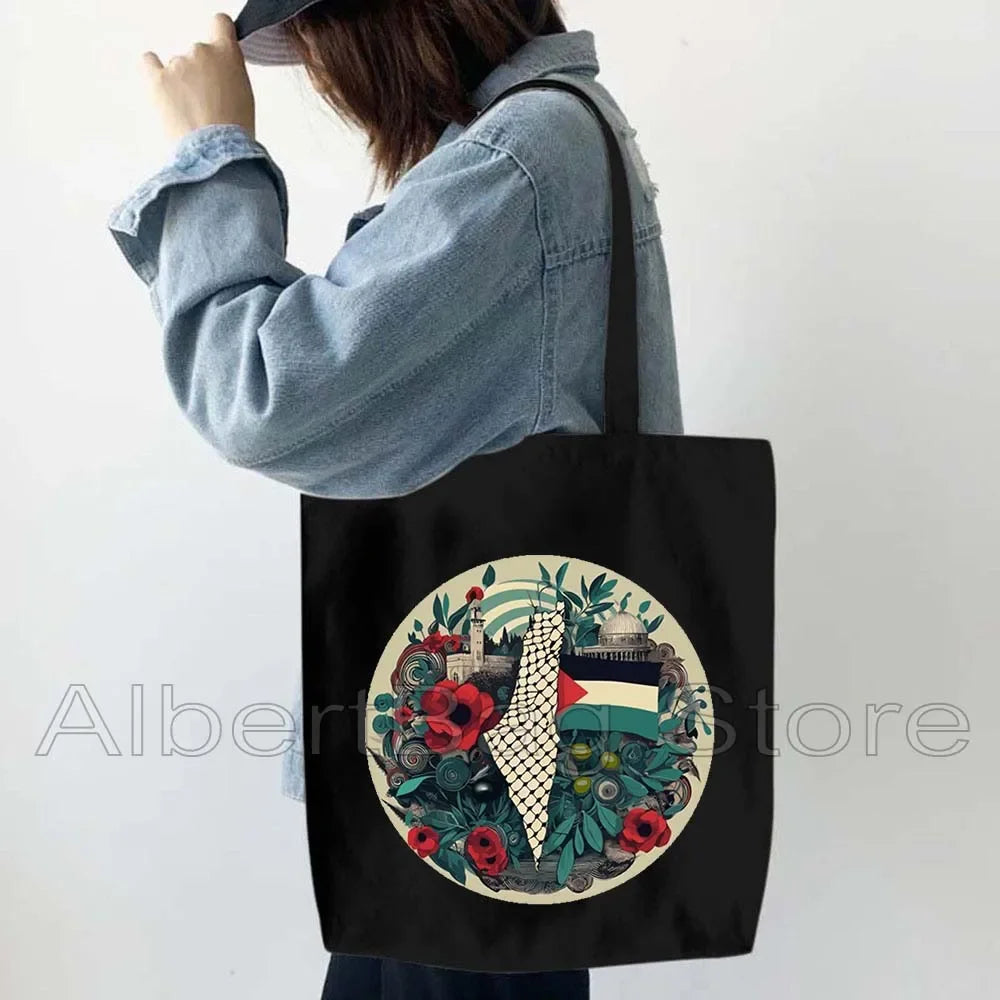 Peace Gifts Al Aqsa Keffiyeh Canvas Tote Bags Olive Tree Jerusalem Dome of The Rock Shopping Fashion Shoulder Organizer Handbag