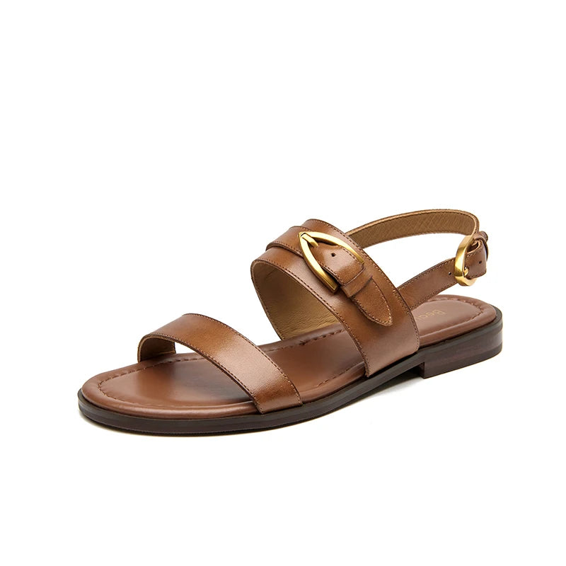 BEAUTODAY Flat Sandals Genuine Leather Metal Buckle Decro Slingback Low Heel Summer Retro Ladies Shoes 32426