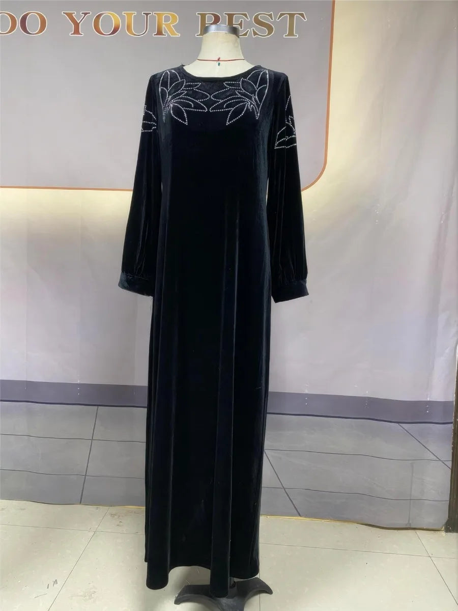 Eid Muslim Party Dress for Women Abaya Spring Velvet Diamond Dresses Ramadan Belt Vestidos Largos Dubai Robe Jalabiya 2024