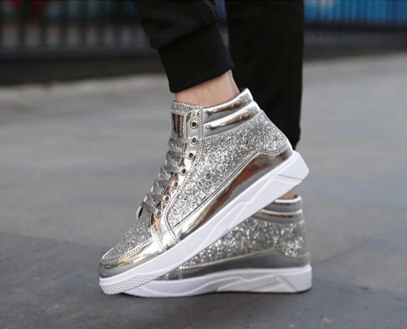 Men's Boots Nightclubs Fashiona Sequins With Diamonds Gold Leather Boots Trendy High Top Sports Casual Shoes Large Size 38-48