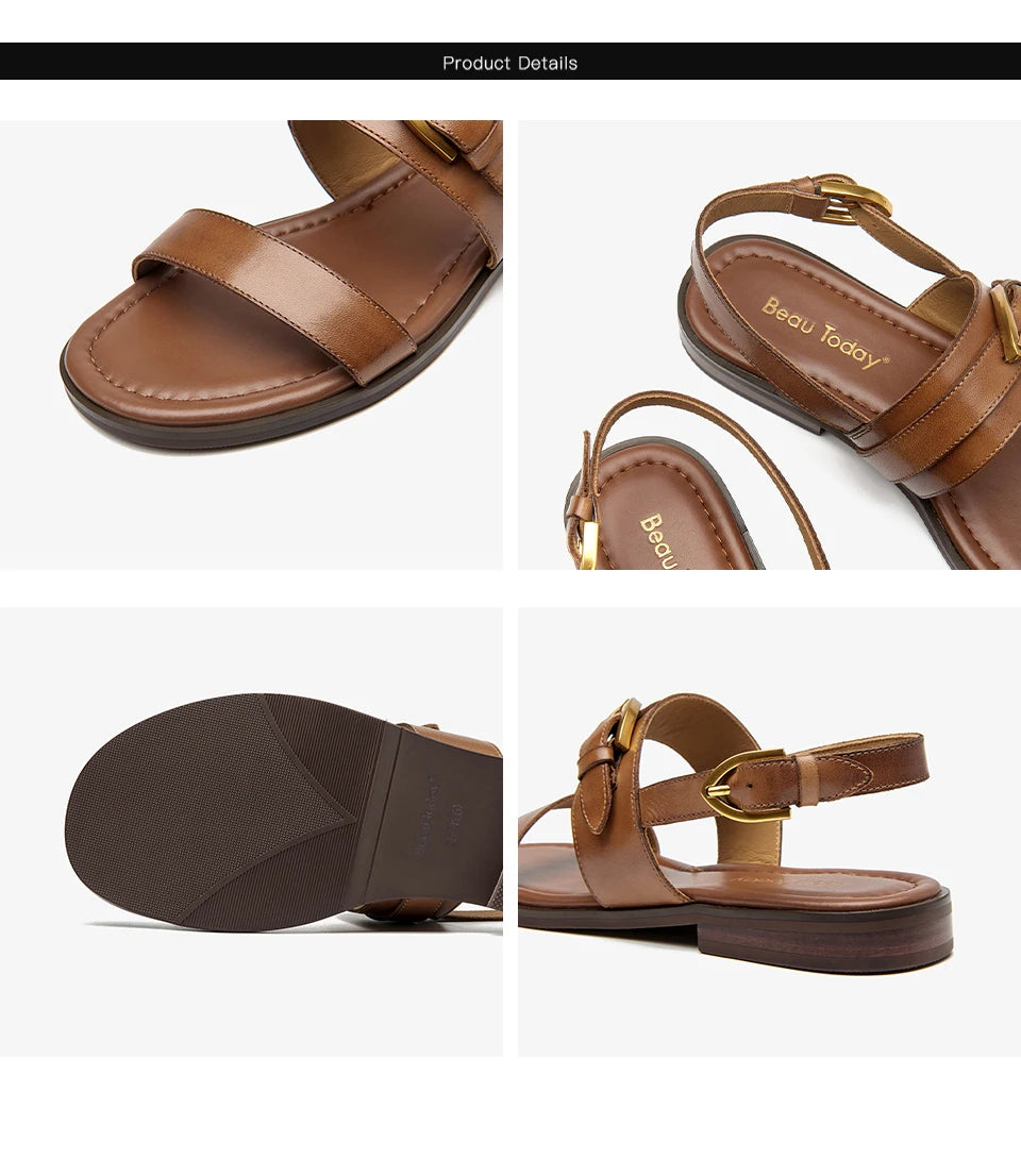 BEAUTODAY Flat Sandals Genuine Leather Metal Buckle Decro Slingback Low Heel Summer Retro Ladies Shoes 32426