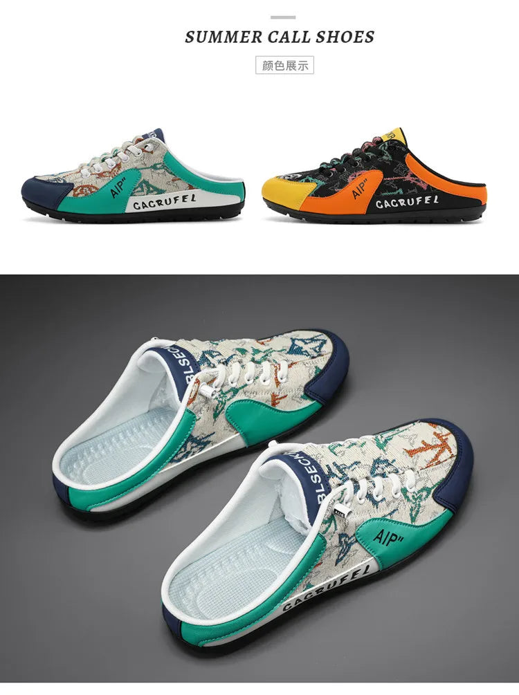 Men Non-slip Vulcanize Shoes Fashion Half Slippers Mesh Cloth Shoes for Man Casual Shoe Male Comfortable Flat Footwear 2025