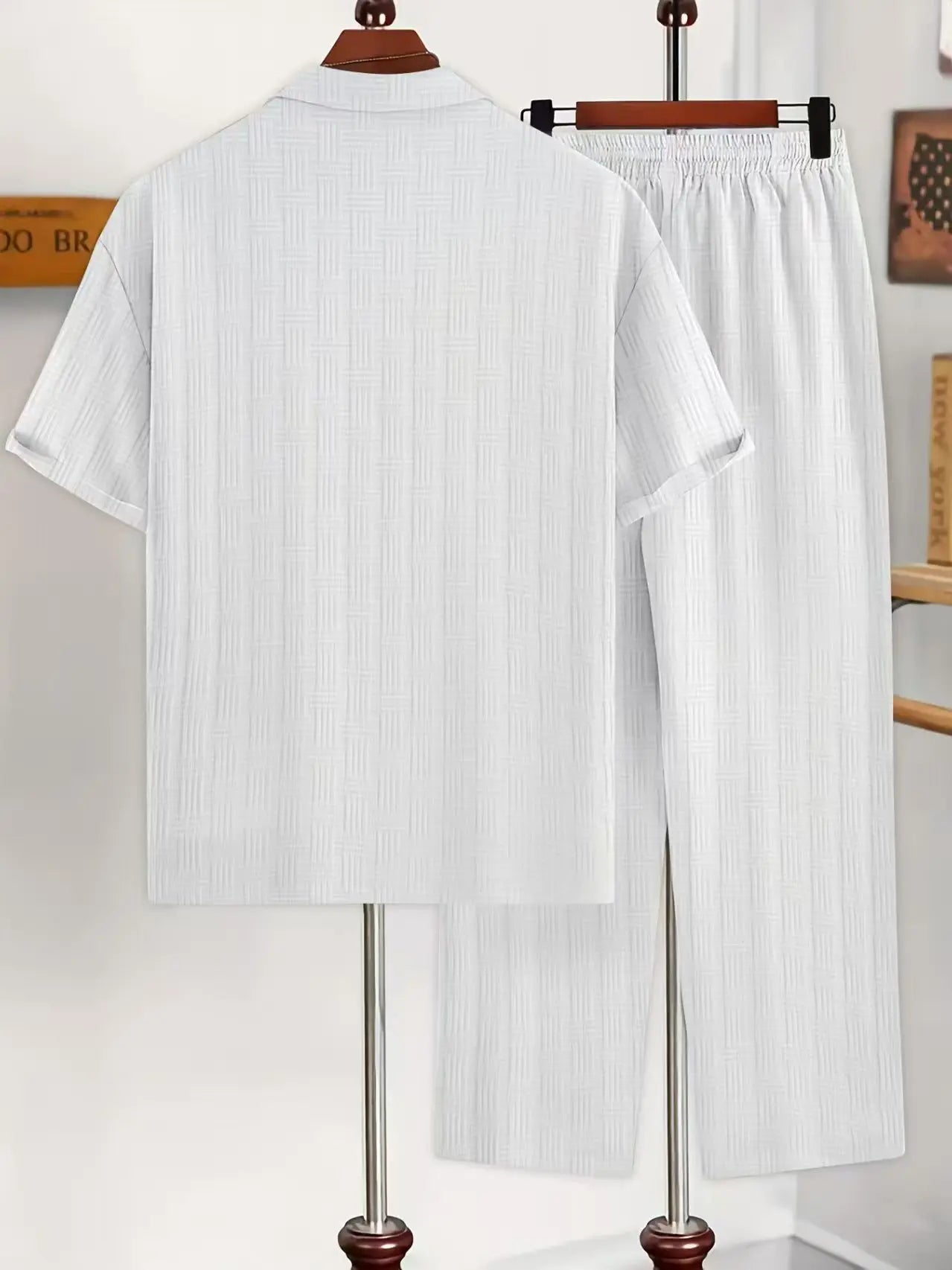 男士時尚春季秋季短袖襯衫帶口袋條紋紮染褲休閒裝兩件套日常穿著