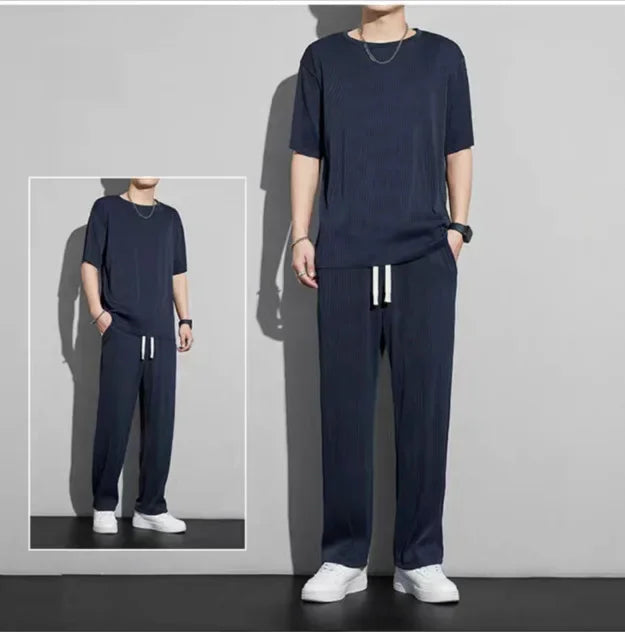 男士冰絲運動套裝夏季薄款2024新款休閒長褲短袖T卹速乾套裝