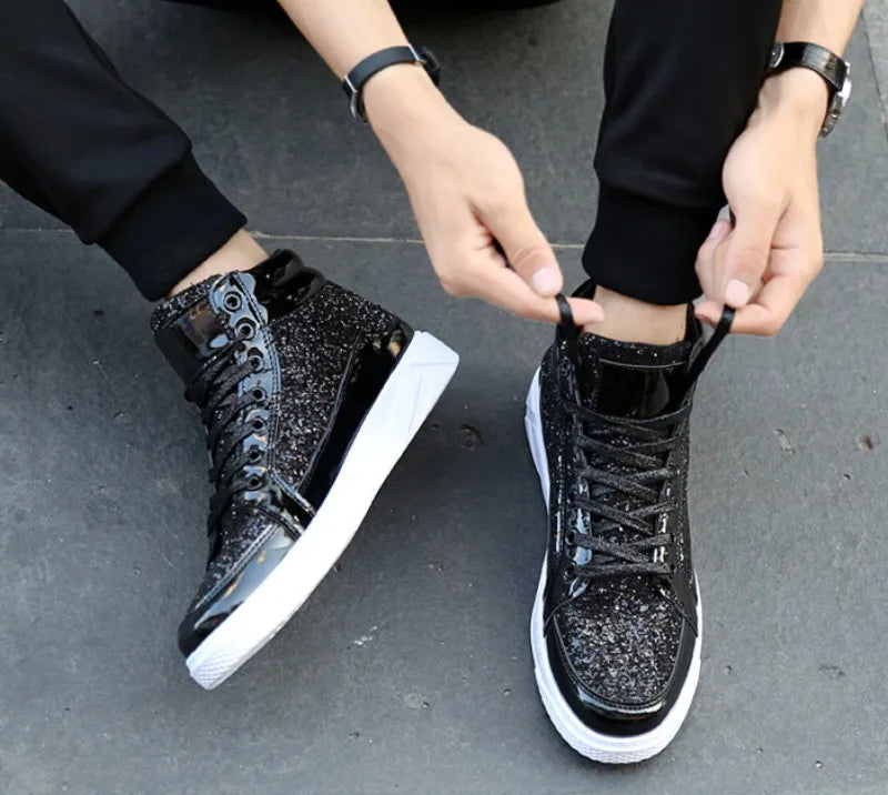 Men's Boots Nightclubs Fashiona Sequins With Diamonds Gold Leather Boots Trendy High Top Sports Casual Shoes Large Size 38-48