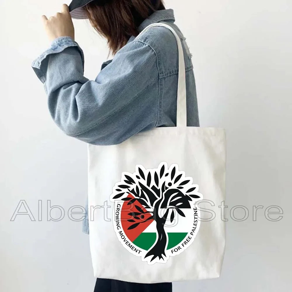 Peace Gifts Al Aqsa Keffiyeh Canvas Tote Bags Olive Tree Jerusalem Dome of The Rock Shopping Fashion Shoulder Organizer Handbag