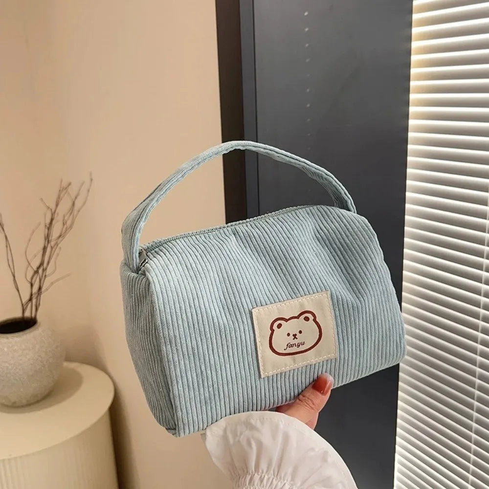 Corduroy Totes Bag Women Ladies Corduroy Shoulder Bag Cute Teddy Bear Pattern Cartoon Embroidery Casual Shoulder Tote