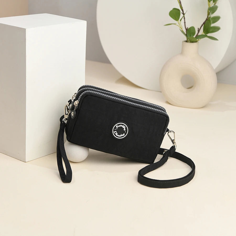 Fashion solid color triple zipper large capacity ladies crossbody travel portable popular zipper coin purse phone wallet