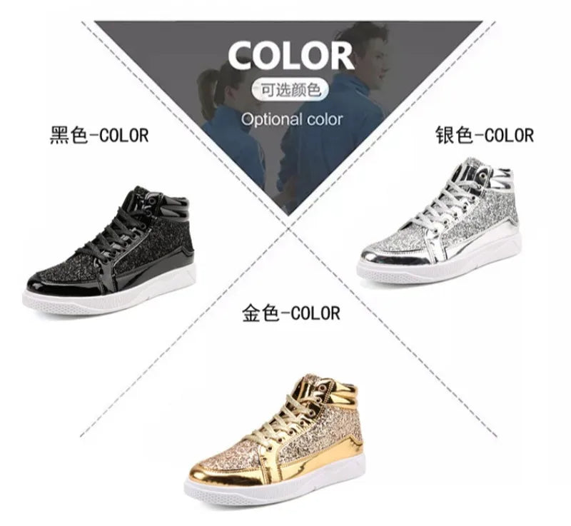 Men's Boots Nightclubs Fashiona Sequins With Diamonds Gold Leather Boots Trendy High Top Sports Casual Shoes Large Size 38-48