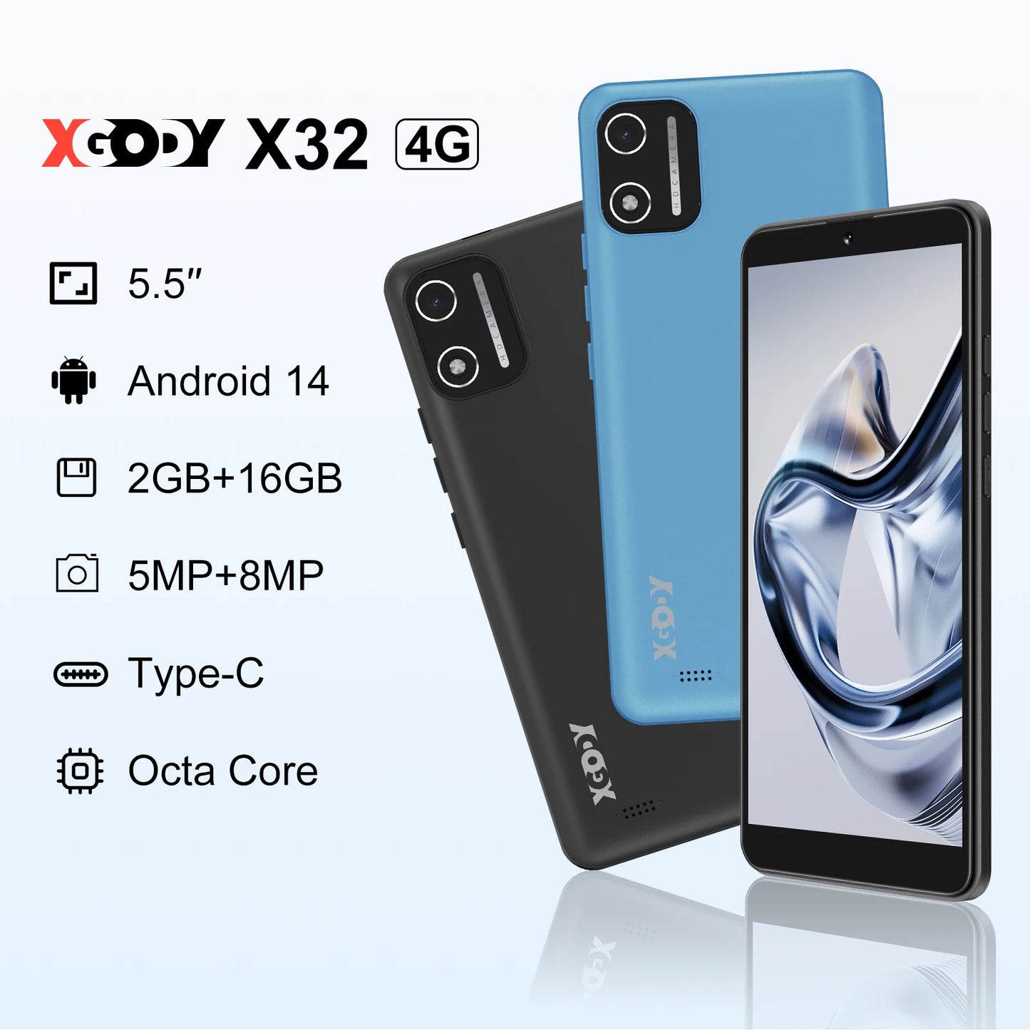 5.5'' XGODY X32 Android 14 Smartphone Dual SIM Octa Core 4GB+16GB Mobile Phones 2850mAh 5+8MP 4G Network Face ID Cellphones