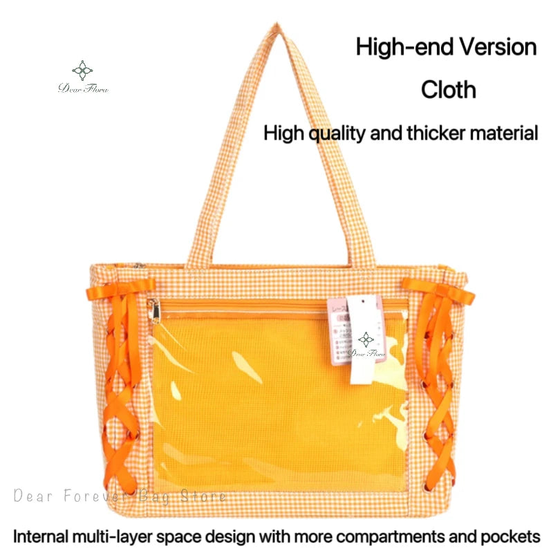 Japanese Sweet Women Ribbon Ita Bag Cute Lolita Girl Transparent Handbags Fashion Large Capacity Tote Bag Aesthetic Shoulder Bag