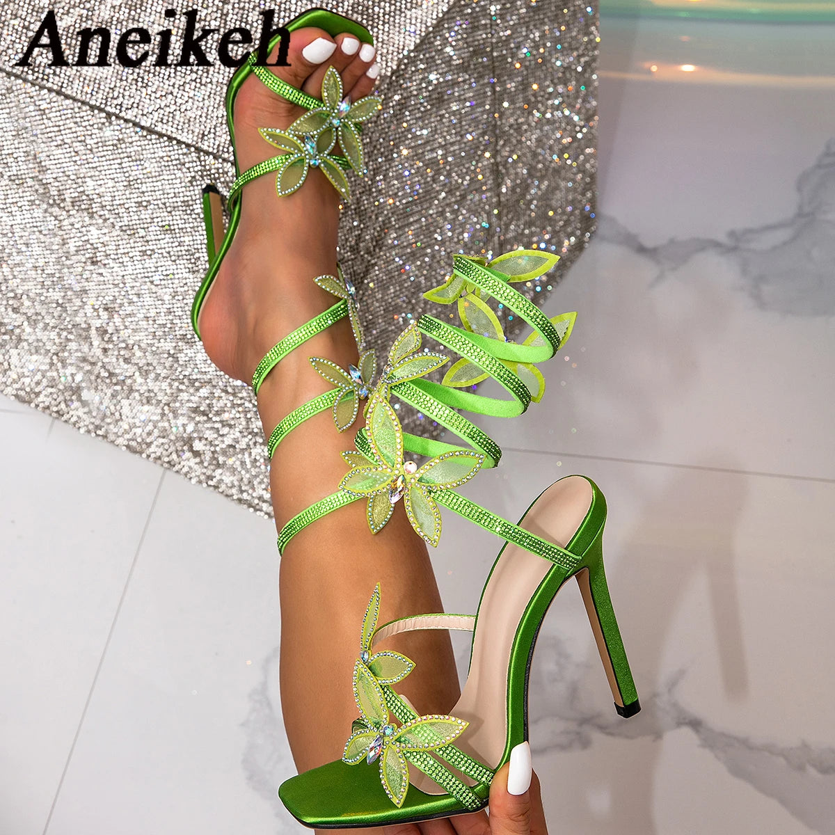 Aneikeh Designer Crystal Butterfly Ankle Strap Gold Sandals Women Wedding Prom Shoes Sexy Square Toe Rhinestone Heels Sandalias