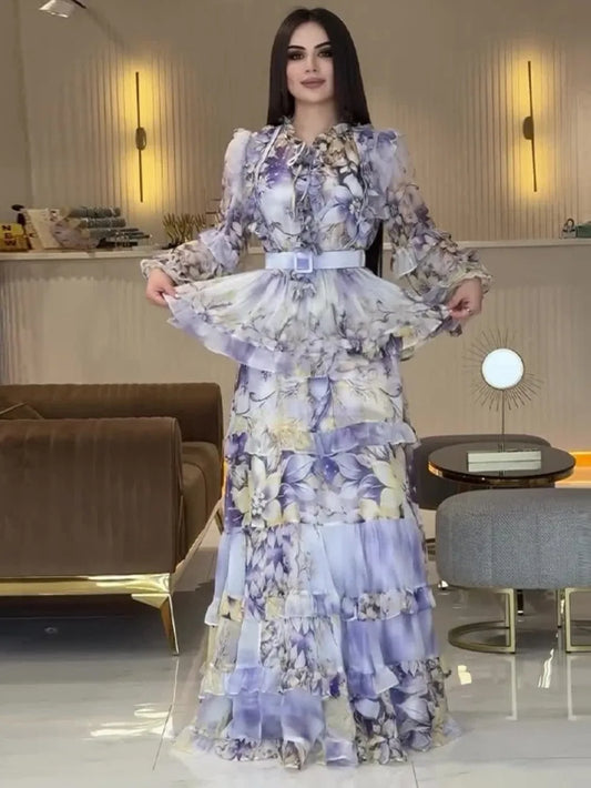 Eid Women Party Dress Abaya Muslim Ruffle Print Jalabiya Ramadan Sweet Long Dresses Vestidos Largos Kaftan Arab Long Robe 2025