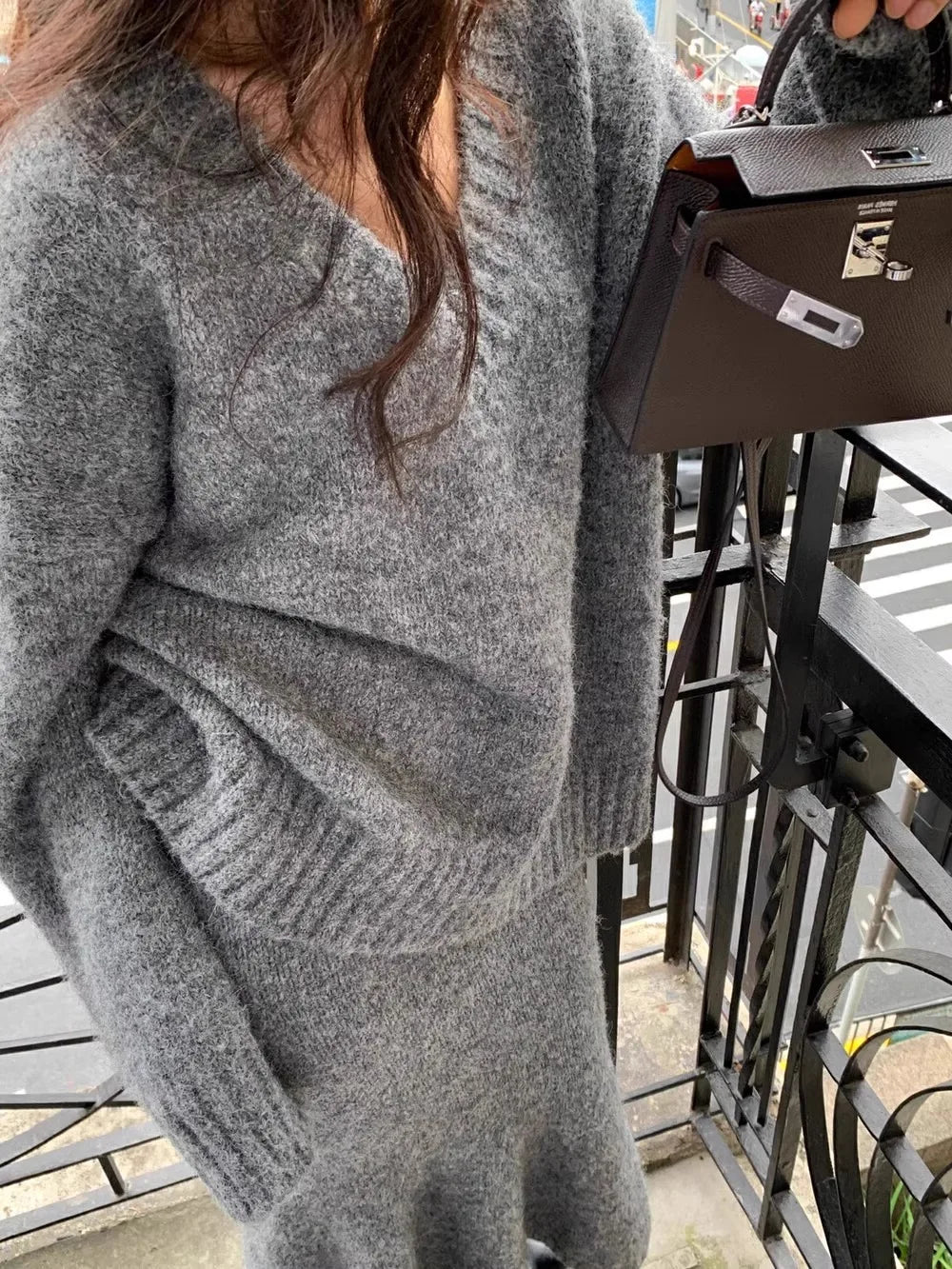 Elegant Solid Sweater Skirts Suits for Women Autumn Winter Fashion V-Neck Pullover Knitted Top Loose Skirt Casual Two Pieces Set